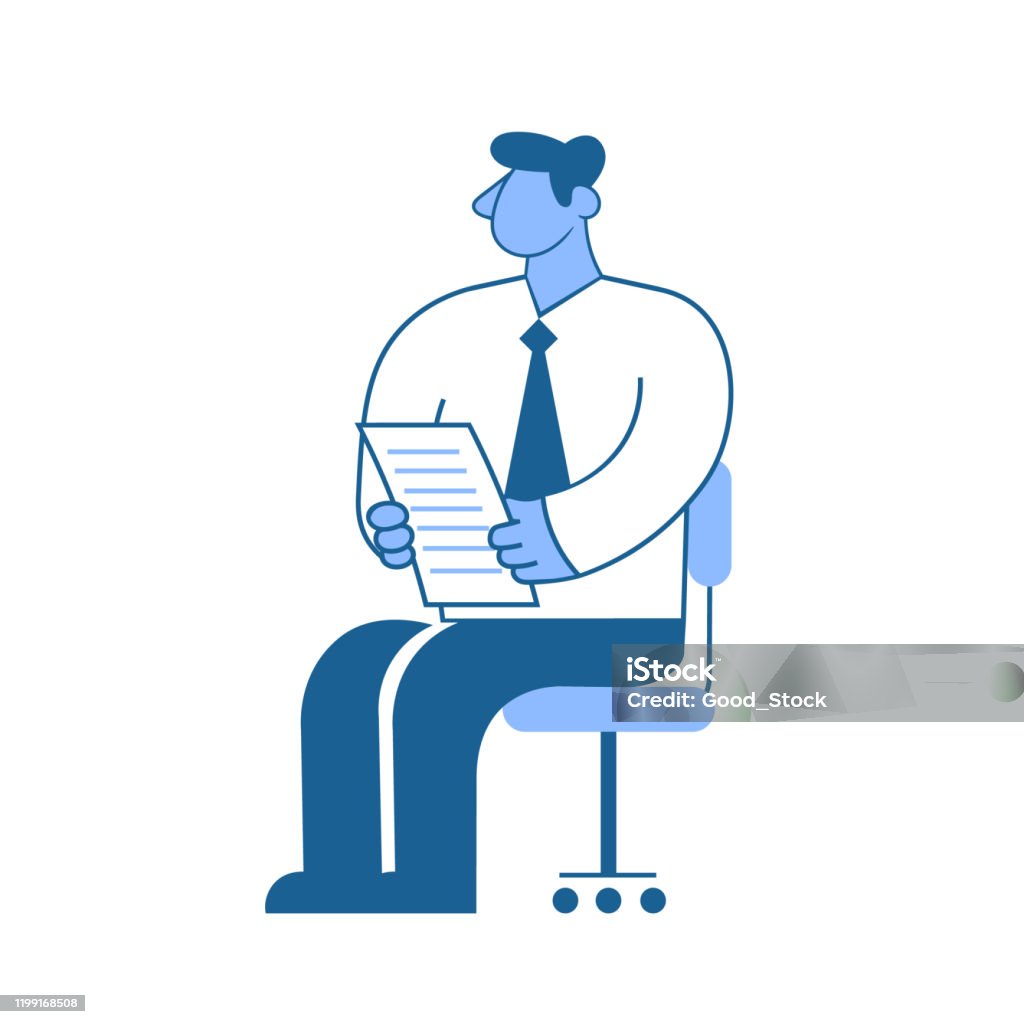 Businessman sitting on a chair with paper documents in his hands. Character vector illustration isolated on white background. Businessman, man in a business shirt sitting on a chair with paper documents in his hands. Character vector illustration, isolated on white background. Abstract stock vector