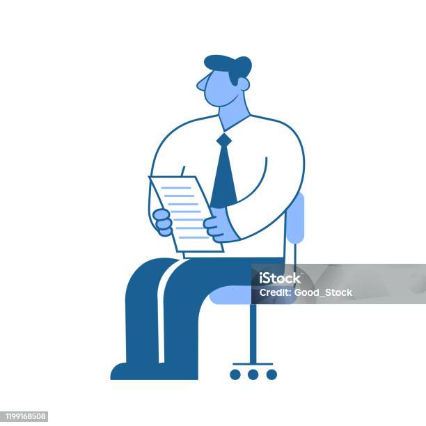 Businessman Sitting On A Chair With Paper Documents In His Hands Character Vector Illustration Isolated On White Background Stock Illustration - Download Image Now