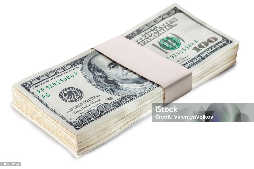 Wad of one-hundred dollars on white background. Wad of one-hundred dollars isolated on white background. Paper Currency Stock Photo