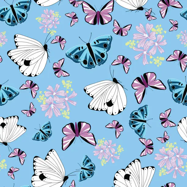 Vector illustration of Seamless colorful butterflies and flowers pattern on blue background