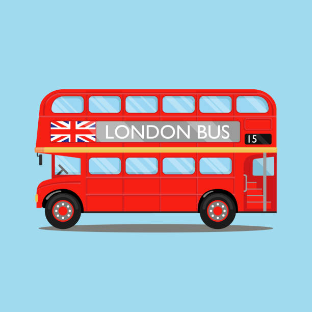 istock London city bus on blue backgound. Red double-decker bus, with British flag on it, side view. 1199170950