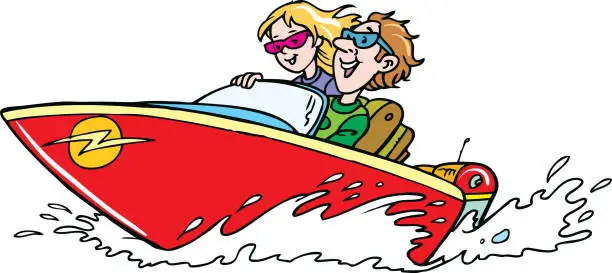 Vector illustration of Young guy with a girl ride a boat