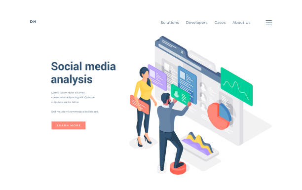 People working with social media content isometric vector illustration People working with social media content isometric vector illustration. Male and female colleagues arranging users data and charts in while performing content analysis banner of website page template choosing illustrations stock illustrations