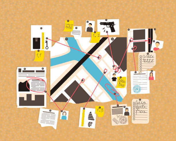 The course of the detective investigation on the corkboard The course of the detective investigation on the corkboard. The map shows the locations of witnesses and suspects. Flat vector illustration. detective map stock illustrations