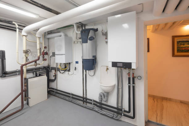 istock Technical room. Modern home, steam water heating system, gas boiler for central heating and cooling and hoover, vacuum cleaner machinery. 1199173897