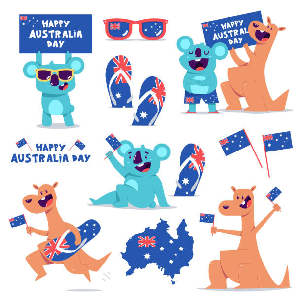 happy australia day vektor konzept illustration set mit niedlichen känguru und koala zeichen auf weißem hintergrund isoliert. - australia australia day celebration flag stock-grafiken, -clipart, -cartoons und -symbole