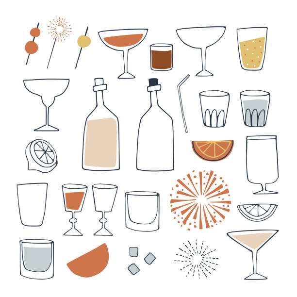 zestaw ręcznie rysowanych napojów alkoholowych i bezalkoholowych, koktajli, butelek wina i kieliszka do picia. szczęśliwego nowego roku, bar i uroczystości koncepcji. izolowane ikony wektorowe. - cocktail martini glass margarita martini stock illustrations
