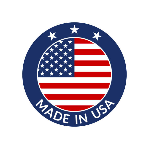 hergestellt in usa label. kreis us-ikone mit amerikanischer flagge. vektor-illustration. - usa made in the usa industry striped stock-grafiken, -clipart, -cartoons und -symbole