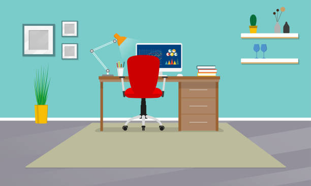 home-office-interieur. arbeitsbereich im zimmer mit bürostuhl, schreibtisch und computer. moderner geschäftlicher hintergrund. vektor-illustration. - vector illustration and painting clip art computer graphic stock-grafiken, -clipart, -cartoons und -symbole