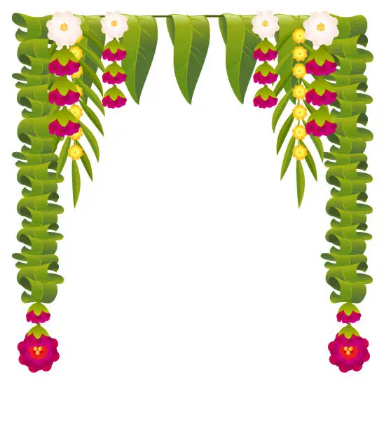 Vector illustration of Mala indian flower garland for ugadi holiday. Floral mango leaves ornate decoration