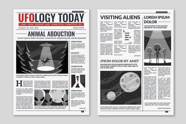 UFO newspaper. Newspaper columns with text, media news headlines extraterrestrial civilizations and aliens, publication layout vector concept UFO newspaper. Newspaper columns with text, media news headlines extraterrestrial civilizations and aliens article, publication layout vector information concept newsletter template stock illustrations