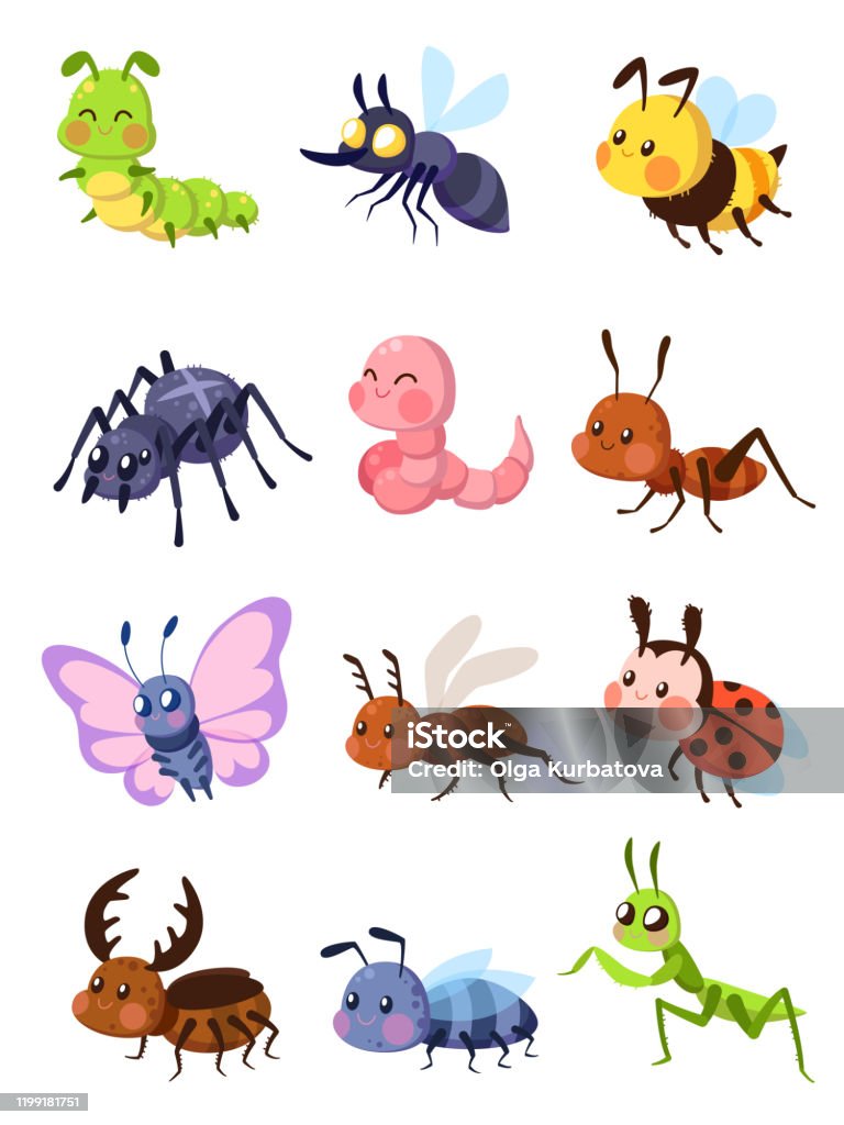 Cartoon Insects Cute Grasshopper And Ladybug Caterpillar And ...