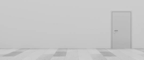 istock Empty white room with door and stone floor 3d illustration render 1199182571