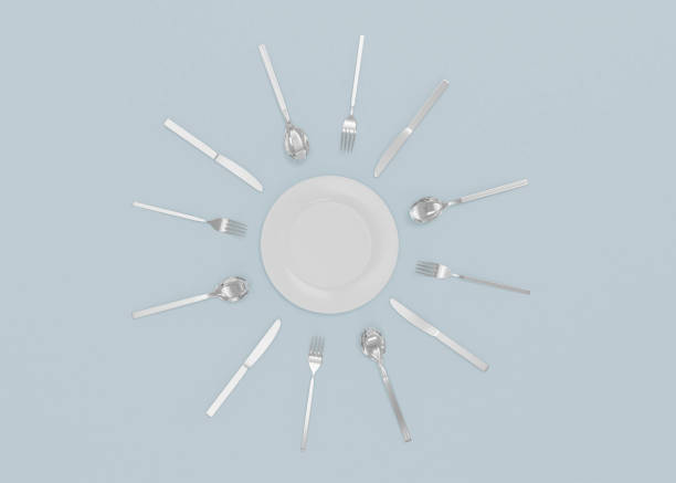 istock fork, knife and spoon on the side of kitchen plate isolated on white 3d illustration render 1199182618