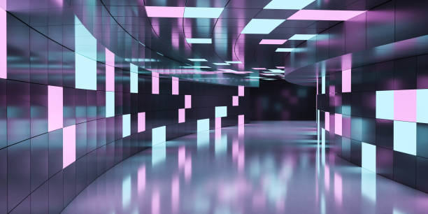 istock Underground hallway with modern abstract blue and magenta neon lighting background 3d render illustration 1199183020