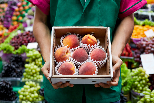 Midsection of male vendor holding peaches in box. Close-up of man is selling fruits. He is standing against market stall.
