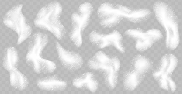 Soap foam pieces with bubbles isolated on transparent background. Top view of sparkling shampoo and bath lather clouds. Soap foam pieces with bubbles isolated on transparent background. Top view of sparkling shampoo and bath lather clouds. Vector illustration. soap sud stock illustrations