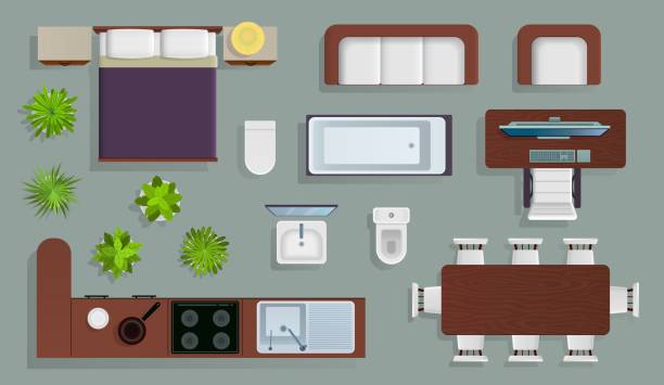 innenansicht von oben. büromöbel design-elemente, schlafzimmer und küche, bad plan, geschäft und wohnung ansicht von oben vektor-set - above horizontal wood house stock-grafiken, -clipart, -cartoons und -symbole