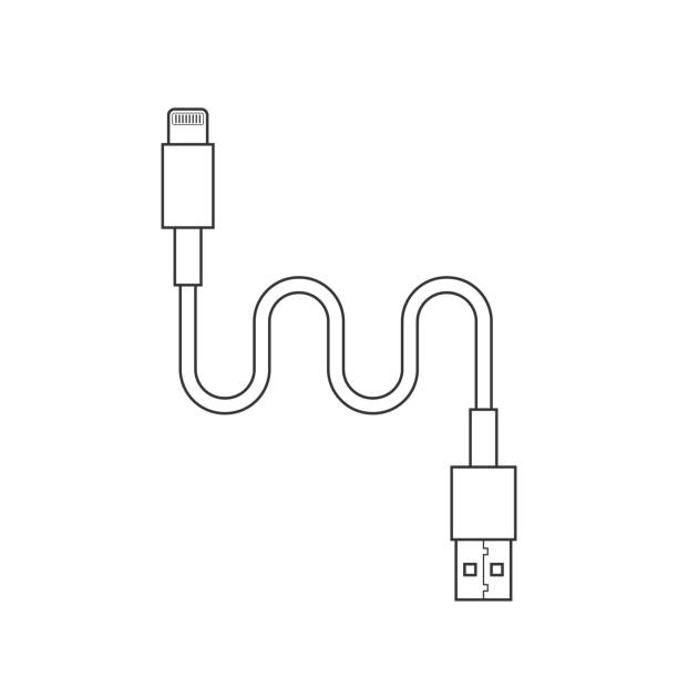 thin line usb lightning charging cable thin line usb lightning charging cable. concept of connection, tech, cell phone accessories, recharge, data transmission. flat style trend modern design vector illustration on white background mobile phone charger stock illustrations