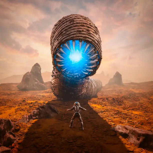 3D illustration of science fiction scene showing astronaut encountering giant giant alien worm monster on desert planet