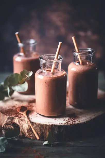 Photo of Chocolate Smoothie, Banana and Peanut Butter. Vegan drink