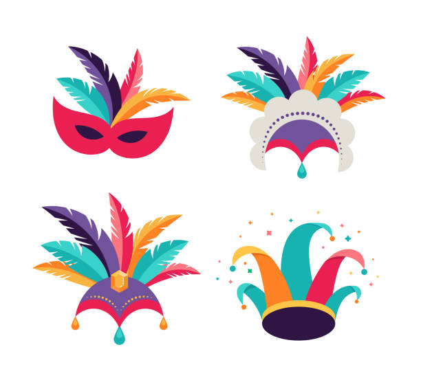 illustrations, cliparts, dessins animés et icônes de carnaval, fête, fond de pourim. masques, chapeau de clown, coiffure de danseur - feather headdress