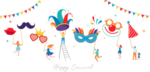 karneval, party, purim hintergrund. szene mit kleinen, miniaturmenschen, familien, kindern und jungen erwachsenen springen, tanzen und feiern. - samba dancing rio de janeiro carnival brazilian stock-grafiken, -clipart, -cartoons und -symbole