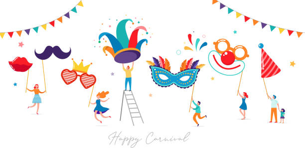Carnival, party, Purim background. Scene with tiny, miniature people, families, kids and young adults jumping, dancing and celebrating. Carnival, party, Purim background. Scene with tiny, miniature people, families, kids and young adults jumping, dancing and celebrating. samba dancing stock illustrations