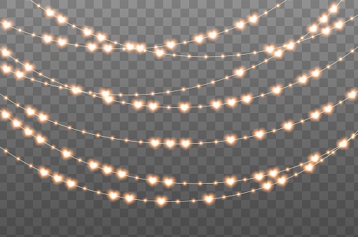 Glowing garland with hearts and bulbs isolated on transparent background. Illuminated yellow-orange decorative lights. Valentine's Day, New Year, wedding or Birthday event decoration.