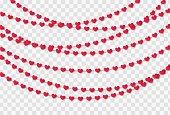 Red paper hearts garland isolated on a transparent background. Valentine's day celebration or wedding concept.