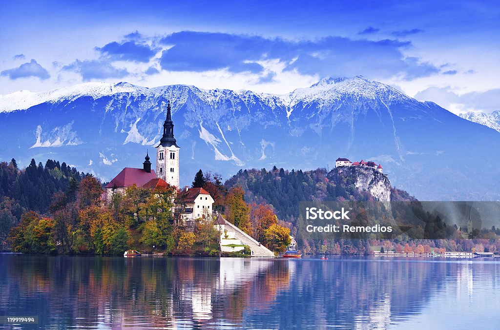 Bled lake, island Bled with lake, island, castle and mountains in background, Slovenia, Europe Slovenia Stock Photo