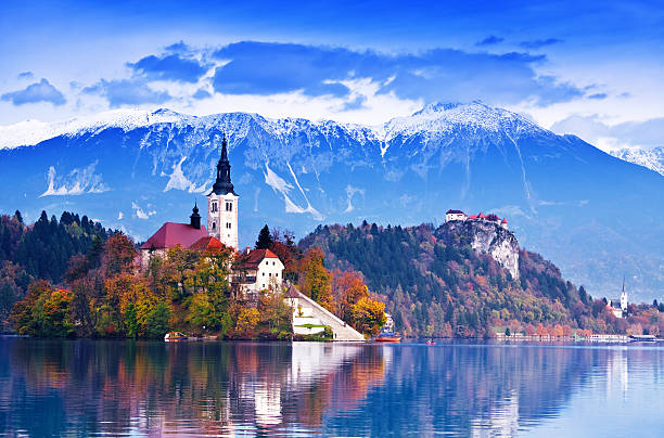 Bled lake, island Bled with lake, island, castle and mountains in background, Slovenia, Europe gorenjska stock pictures, royalty-free photos & images