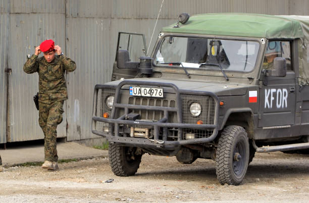 Poland KFOR soldiers patrol Northern Kosovo stock photo