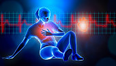 Young athletic woman in sport suit laying on the ground suffering from a heart attack 3d rendering illustration. STEMI heart rate EKG in the background and copy space. Sport, medical and healthcare, myocardial infarction concepts.