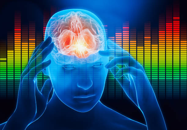 Male portrait with hands touching his temples with audio equalizer on the background. Impact of the sound, the music or the noise on the human brain. Cerebral activity, music, headache conceptual 3d rendering illustration with copy space. retrato masculino con las manos tocando sus sienes con ecualizador de audio en el fondo. impacto del sonido, la música o el ruido en el cerebro humano. actividad cerebral, música, dolor de cabeza conceptual ilustración de renderizado 3d con espacio de c