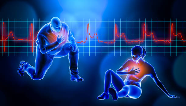 istock Obese of fat man kneeling while suffering from a heart attack 3d rendering illustration. STEMI heart rate EKG in the background and copy space. Medical and healthcare, myocardial infarction concept. 1199198212