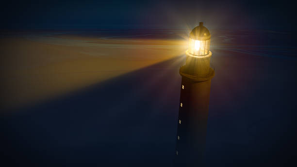 Lighthouse with beam of shining light Lighthouse with beam of shining light in the blue dark night. 3D illustration. Beacon stock pictures, royalty-free photos & images