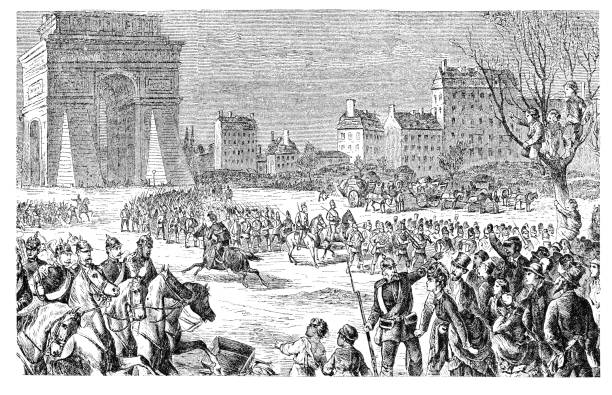 illustrazioni stock, clip art, cartoni animati e icone di tendenza di assedio di parigi, truppe tedesche entrano a parigi nel 1871 - 1871