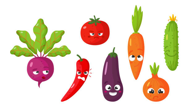 흰색 배경에 다양한 재미 고립 된 야채의 만화 이미지의 벡터 세트입니다. 이모티콘, 이모티콘, 문자. - onion carrot vegetable reflection stock illustrations