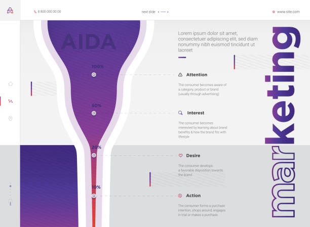 illustrazioni stock, clip art, cartoni animati e icone di tendenza di fasi infografiche aziendali di una canalizzazione di vendita. aida commercializzazione.  attenzione, interesse, desiderio, azione. imbuto del cliente, imbuto di acquisto. concetto aida su sfondo colore. 4 fasi del processo di vendita. modello di marketing  - conversion funnel