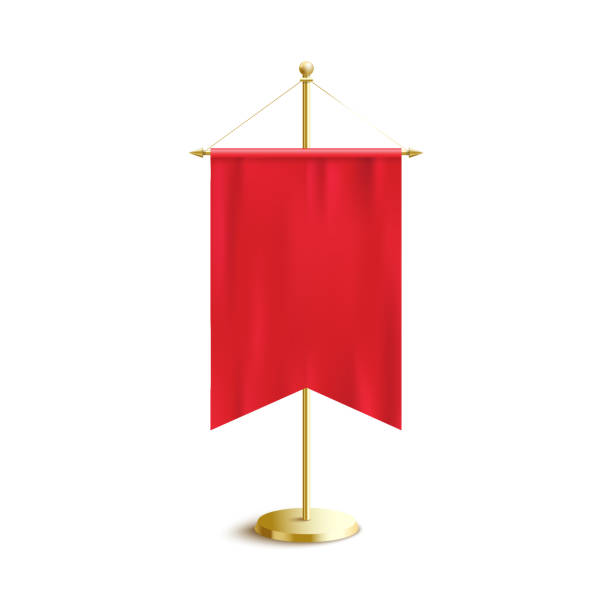 istock Silk red banner flag with blank copy space hanging on vertical golden stand pole 1199211074