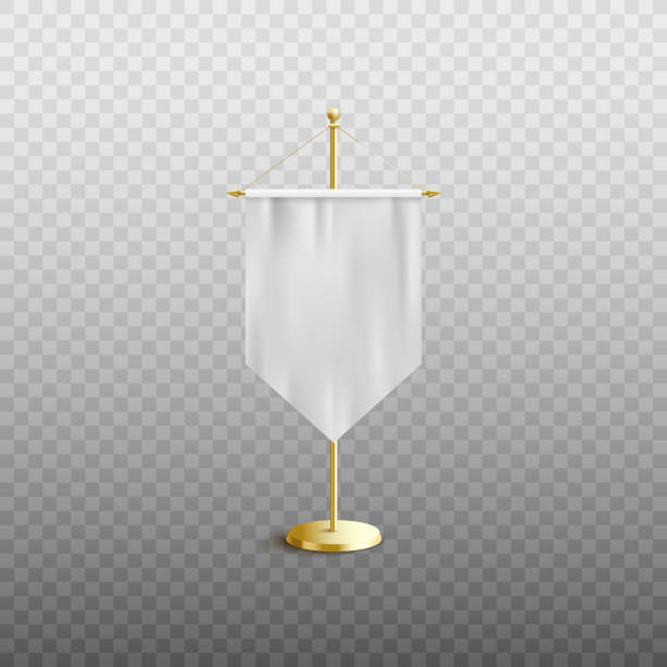 istock Medieval white silk pennant hanging on vertical golden metal pole 1199211096