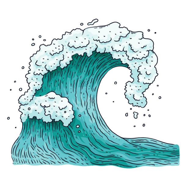illustrations, cliparts, dessins animés et icônes de illustration de vecteur de dessin animé d'onde d'eau d'océan dans le modèle japonais de gravure isolé. - gravure surf