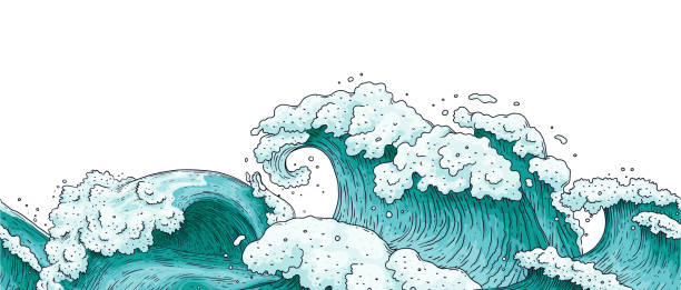 illustrations, cliparts, dessins animés et icônes de bordure horizontale sans couture avec l'illustration de vecteur de dessin animé d'ondes d'eau de l'océan. - tide water frame wave