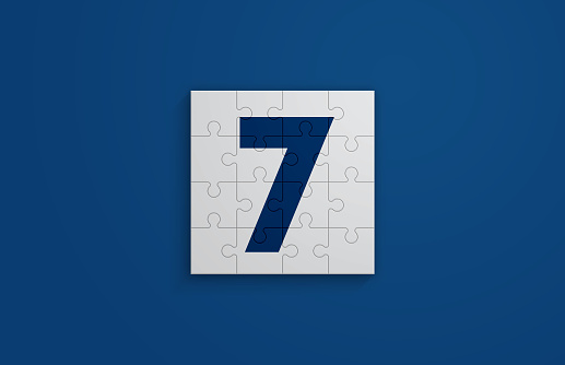 Puzzle pieces forming the Number 7. Designed with the color of the year. Horizontal composition with copy space.