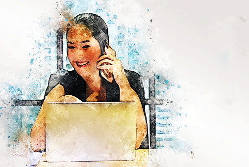 Abstract Asia business woman working in the offices on watercolor illustration painting background.