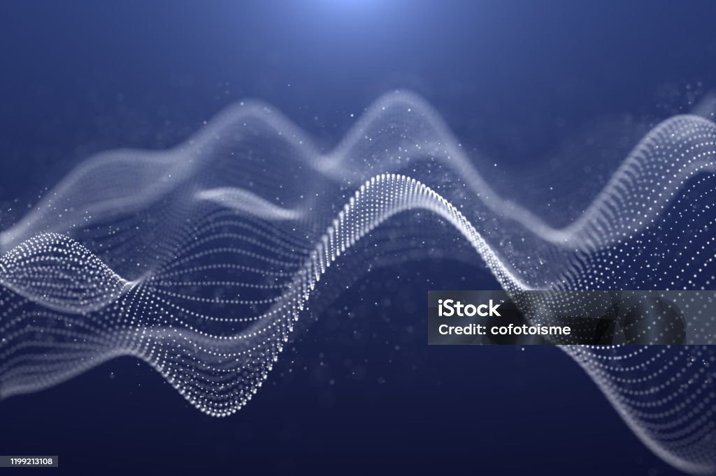 Illustration of Futuristic Abstract Background,Particle shape of waves white color on dark blue Background,motion graphics digital design for Business technology and science concept Abstract Stock Photo