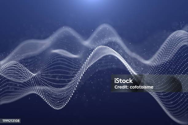 Illustration Of Futuristic Abstract Background Particle Shape Of Waves White Color On Dark Blue Background Motion Graphics Digital Design For Business Technology And Science Concept Stock Photo - Download Image Now