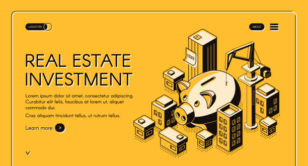 illustrations, cliparts, dessins animés et icônes de page de destination isométrique d'investissement d'immobiliers - finance financial item strategy financial page