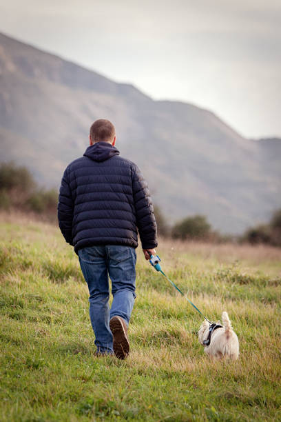 istock Mature man walking his dog in the mountains 1199213121